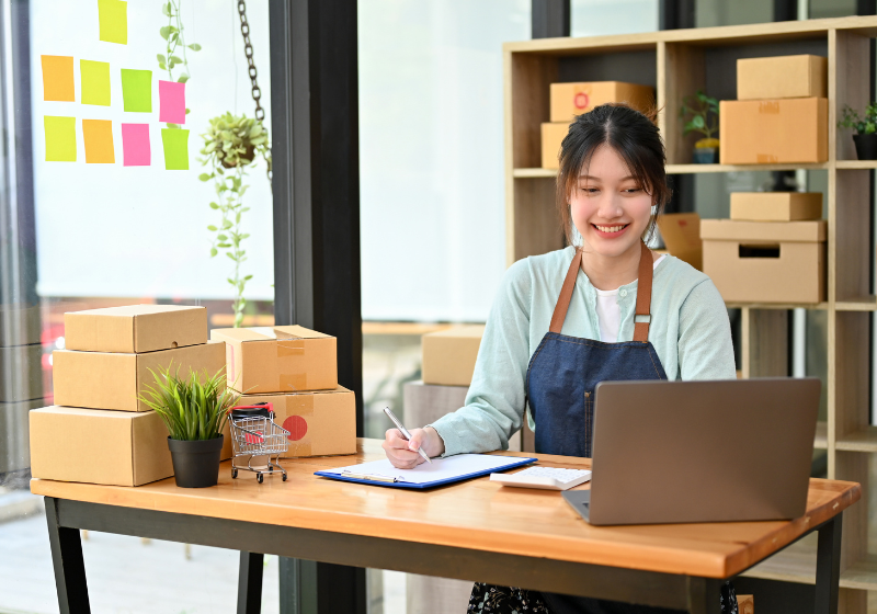 business owner checking her orders